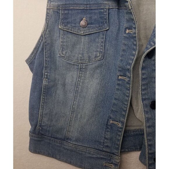 J.Jill Denim Trucker Vest Women L Cotton Blend Wash Blue Distress Pockets - Picture 4 of 13